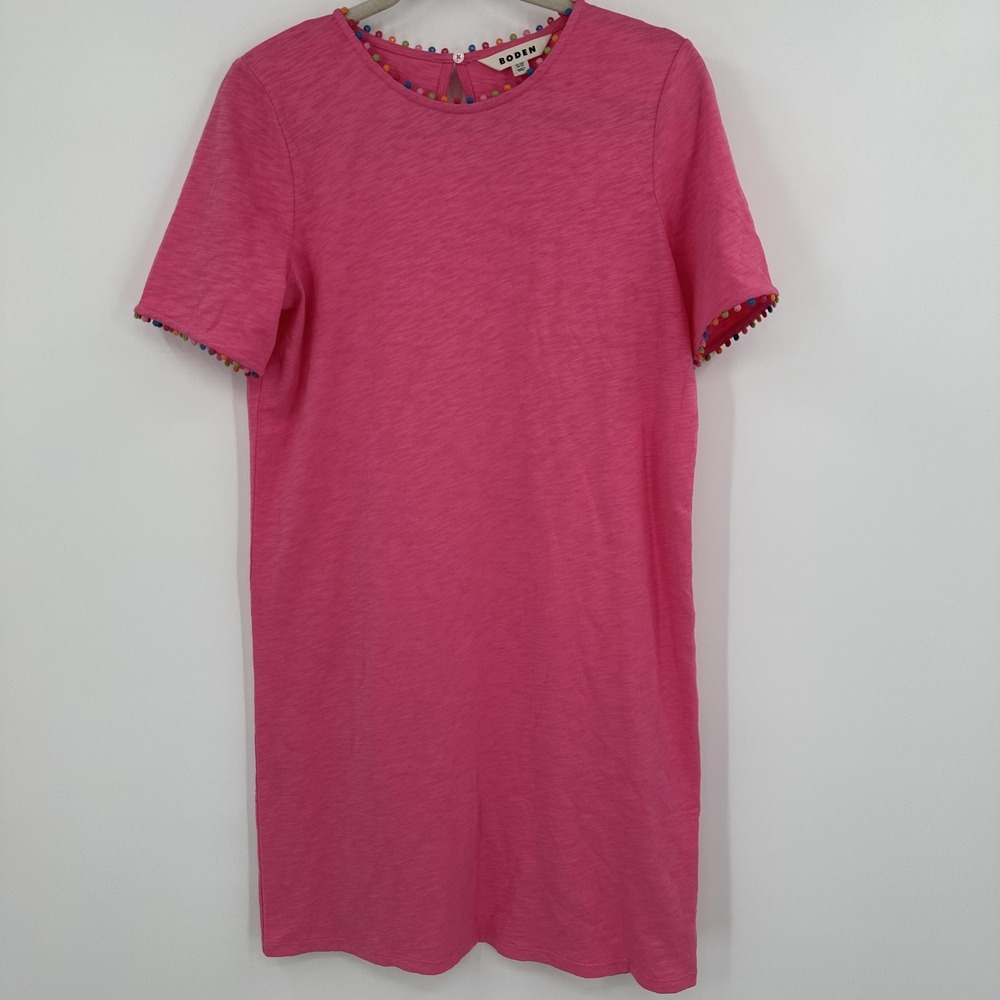 Boden Dress Womens US 6R Pink Pom Pom Trim Shift Short Sleeve 100% Cotton Fun